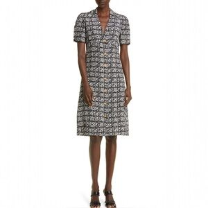 St John Jared Tweed Print Silk Shirtdress Size 4 Midi Goldtone Buttons